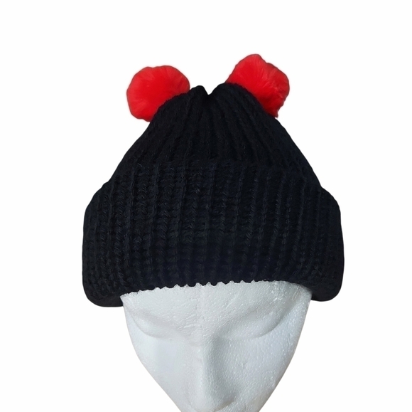 Hand Knit One Of A Childs Size Beanie With Faux Fur Pom Poms - Picture 3 of 6